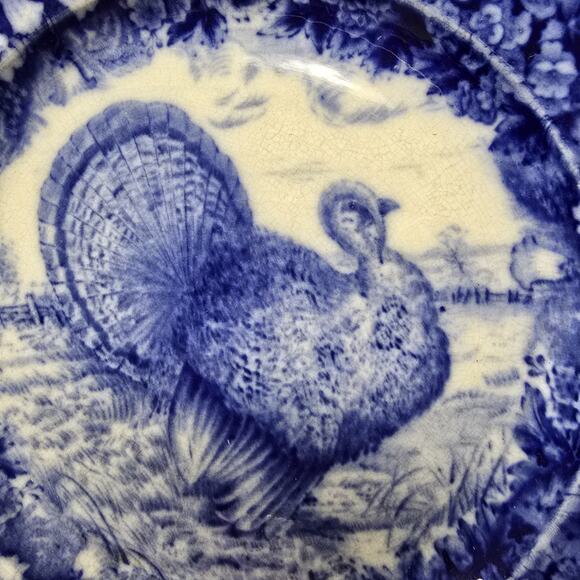 Wedgewood Flow Blue Turkey Plate 8.75" Antique Deep Blue Transferware England - Picture 3 of 12